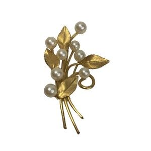 Vintage WELLS 14K GF gold filled 8 Faux Pearl‎ Brooch 2" Leaves